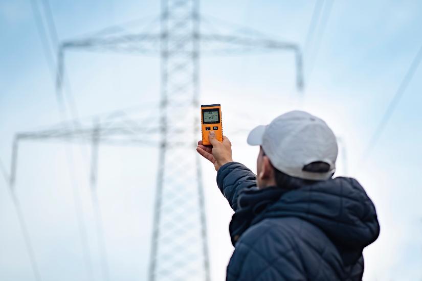 Mann misst elektrische Strahlung am Strommast 