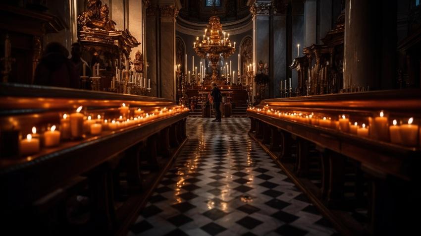 Kirche, innen mit Kerzen und Kronleuchter mit Kerzen