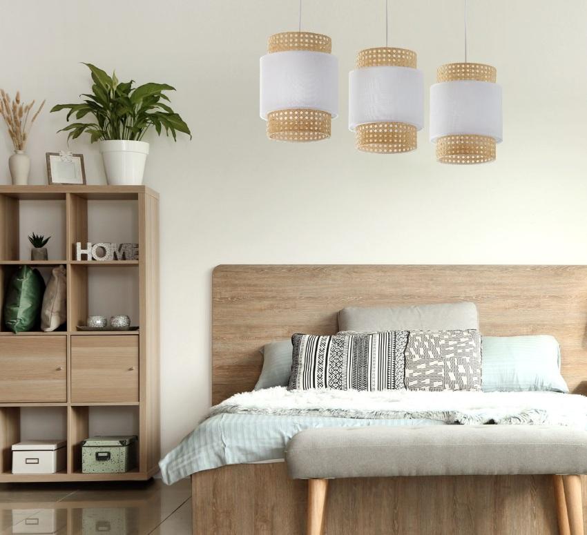 Hängelampe Weiß Natur Stoff Rattan E27 Boho Esstisch