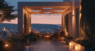 Beleuchtete Terrasse mit Menschen
