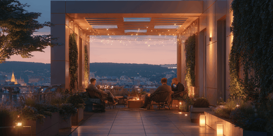 Beleuchtete Terrasse mit Menschen