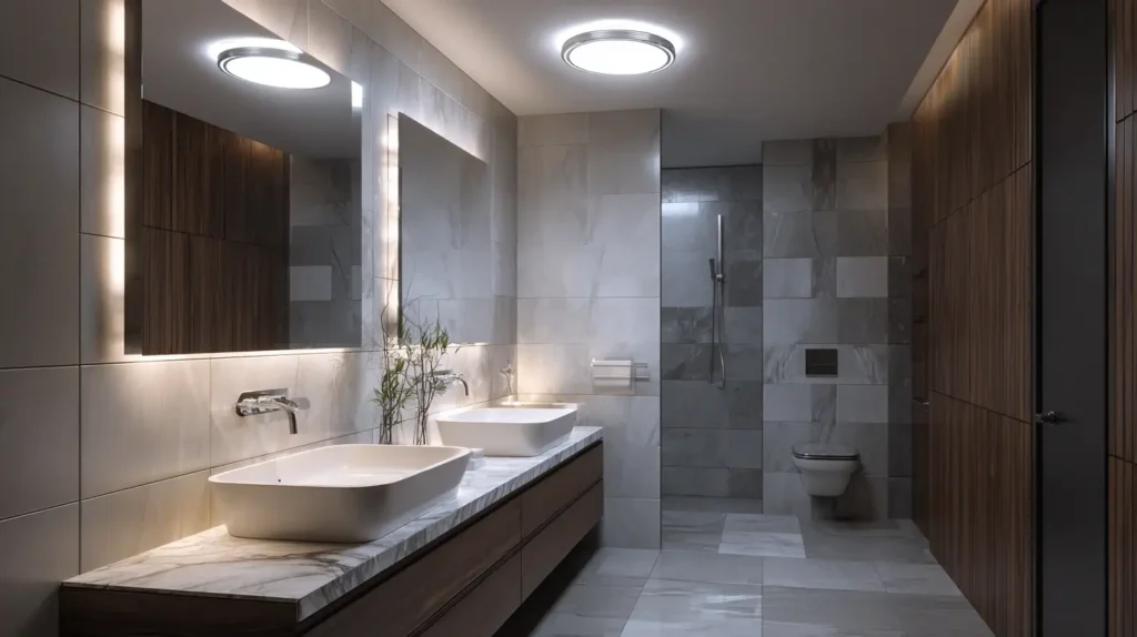 Flache LED Leuchte und Spiegellicht im Badezimmer