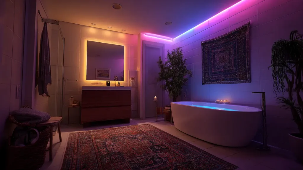 LED Strips mit RGB-Licht im Badezimmer (KI-generiertes Bild)