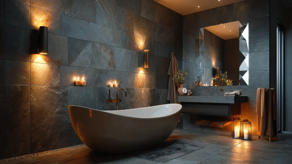 Gemütliche Wandbeleuchtung neben der Badewanne (KI-generiertes Bild)