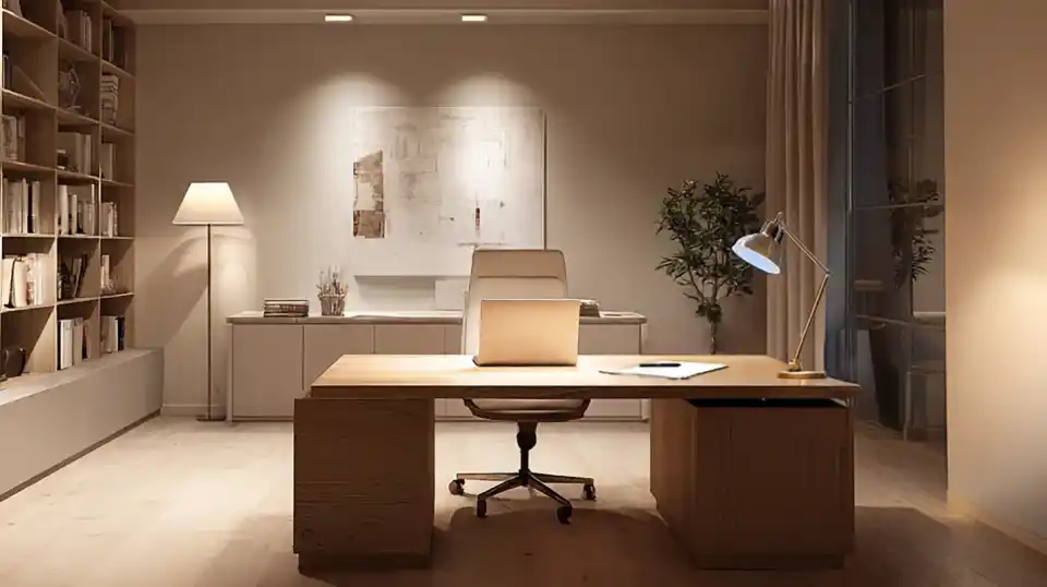 Büro mit LED Deckenspots, Stehleuchte und flexibler Schreibtischlampe (Bild KI generiert)