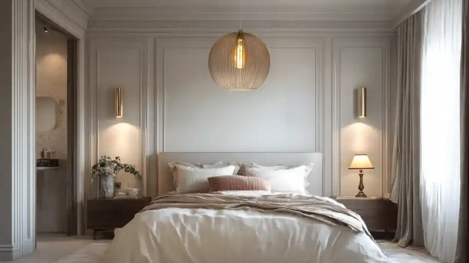 Modern eingerichtetes Schlafzimmer mit modernen, skandinavischen und vintage Leuchten