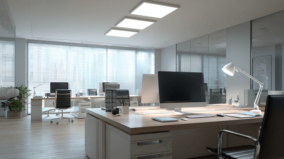 Perfekt eingerichtetes Büro mit blendarmen Deckenleuchten (Bild KI-generiert)