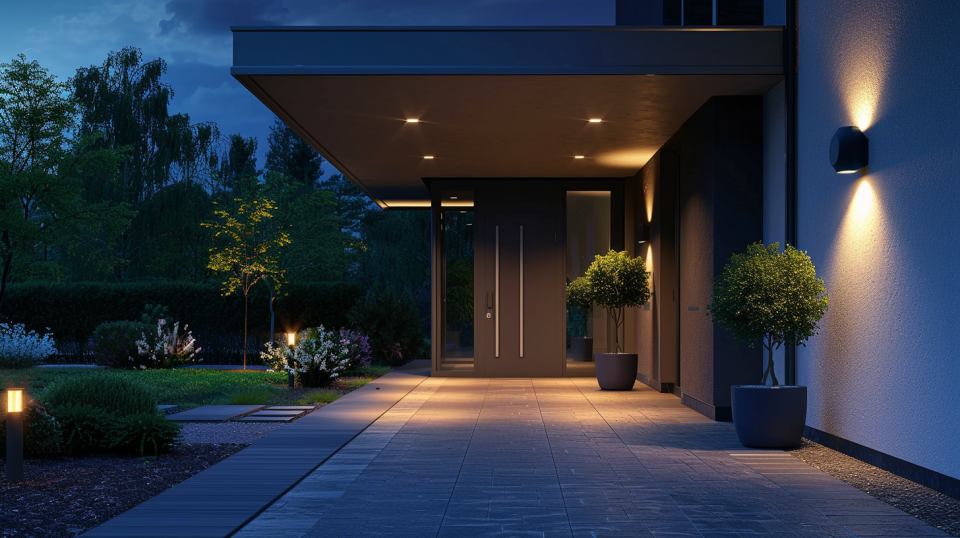 Eingangsbereich mit Außenleuchten mit Bewegungsmelder (KI-generiert)