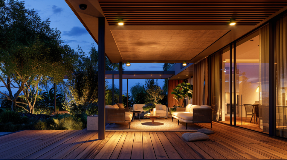 Terrasse mit Deckenleuchten mit Bewegungssensoren (KI-generiert)