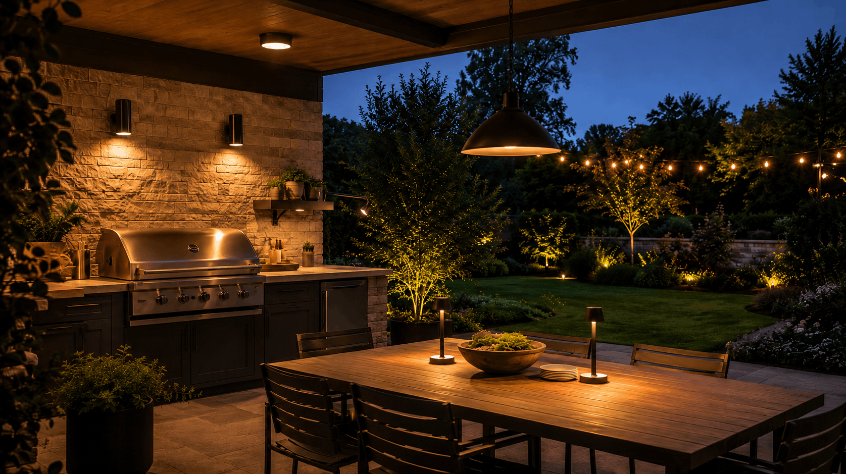 Outdoor Küche mit Grill und passender Beleuchtung
