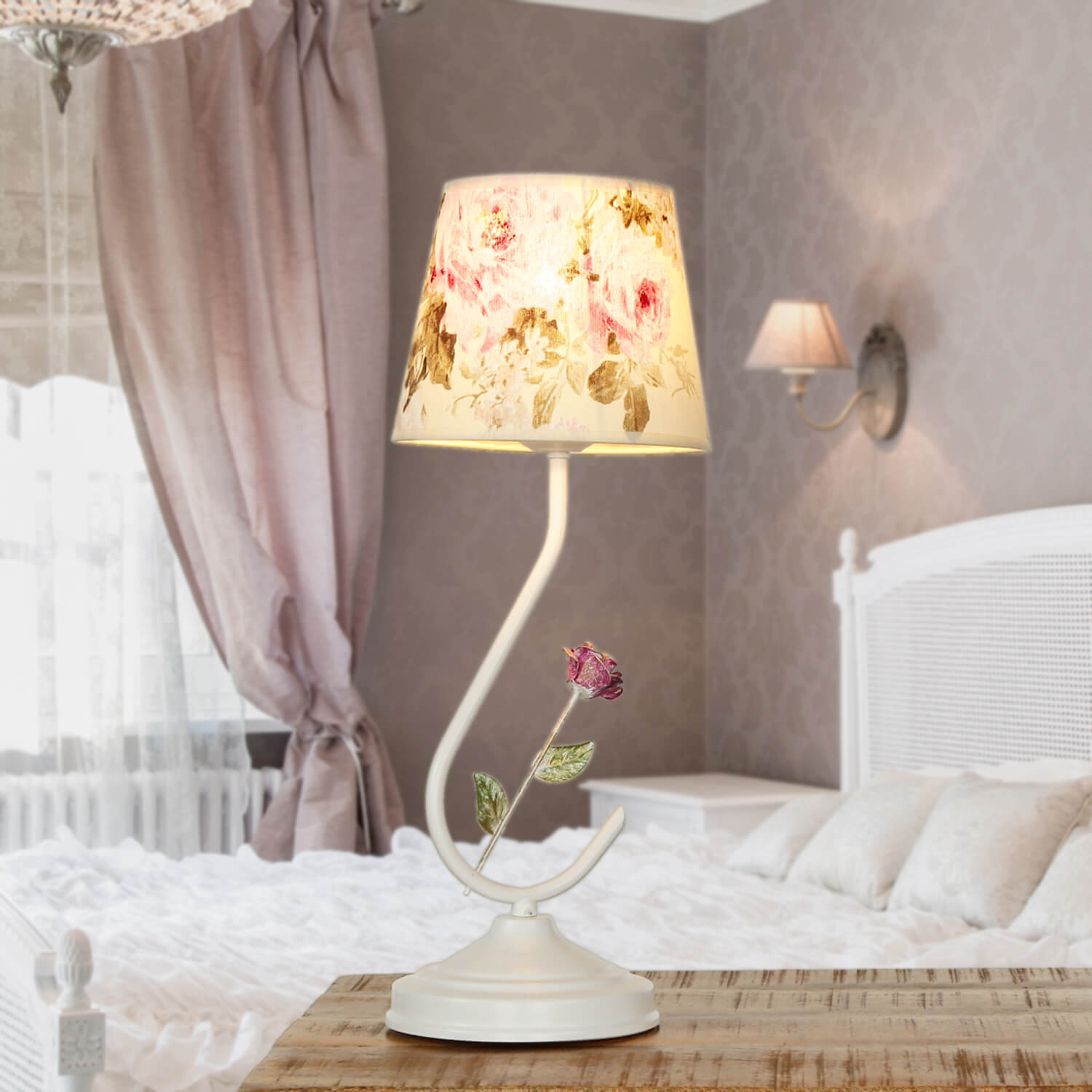 Tischlampe Landhausstil Weiß Rosen Stoff Metall E27 Tischlampe Landhausstil Weiß Rosen Stoff Metall E27