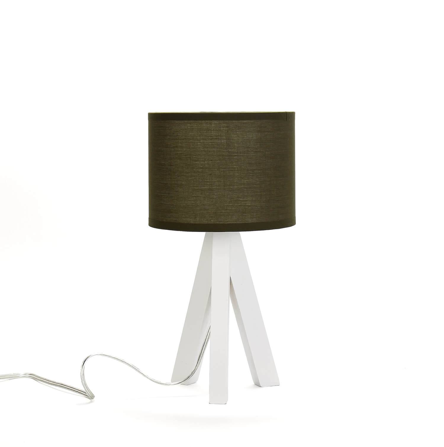 Nachttischlampe Holz Stoff Dreibein E14 Braun Weiß Nachttischlampe Holz Stoff Dreibein E14 Braun Weiß
