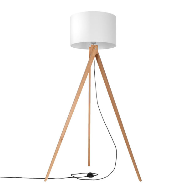 Stehlampe Dreibein 140 cm Fußschalter Stoff Holz