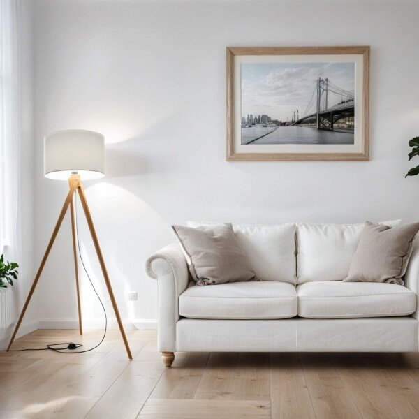 Stehlampe Dreibein 140 cm Fußschalter Stoff Holz