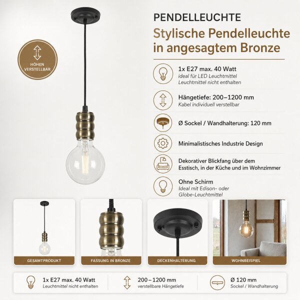 Hängelampe verstellbar Vintage E27 in Bronze