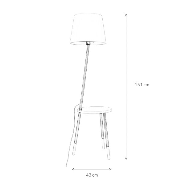 Dreibein Stehlampe LAMA Holz Stoff Weiß mit Ablage
