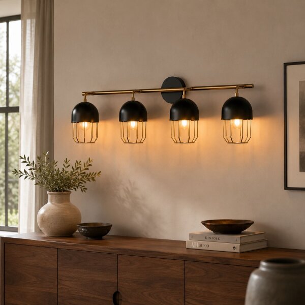 Wandlampe Schwarz Gold groß 4x E14 Metall Loft Design