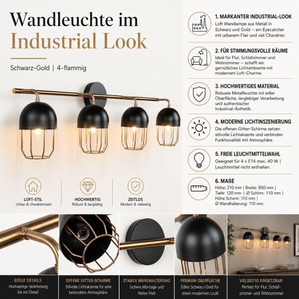 Wandlampe Schwarz Gold groß 4x E14 Metall Loft Design