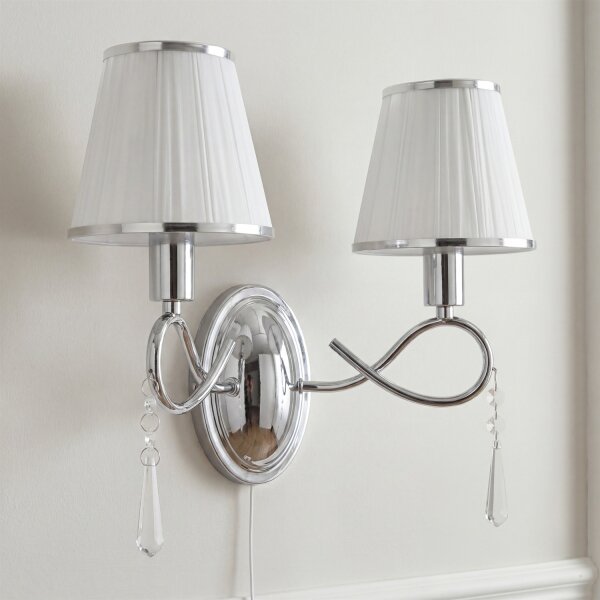 Wandleuchte Chrom 2x E14 B:36 cm Stoff Glas Zugschalter