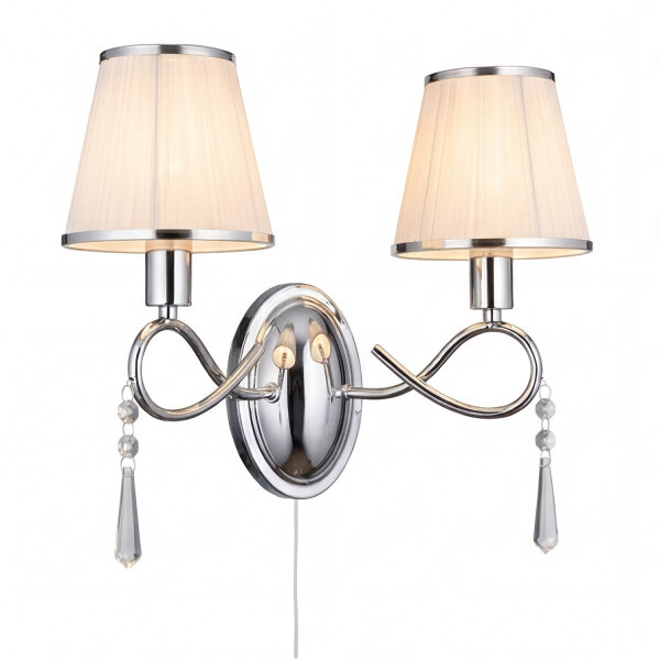 Wandleuchte Chrom 2x E14 B:36 cm Stoff Glas Zugschalter