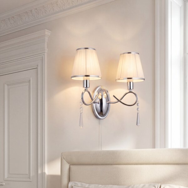 Wandleuchte Chrom 2x E14 B:36 cm Stoff Glas Zugschalter