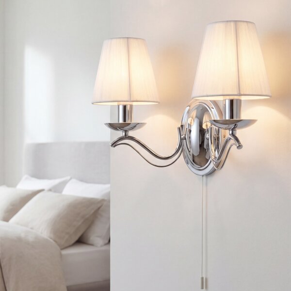 Wandlampe Chrom B:37 cm E14 Zugschalter Stoff blendarm