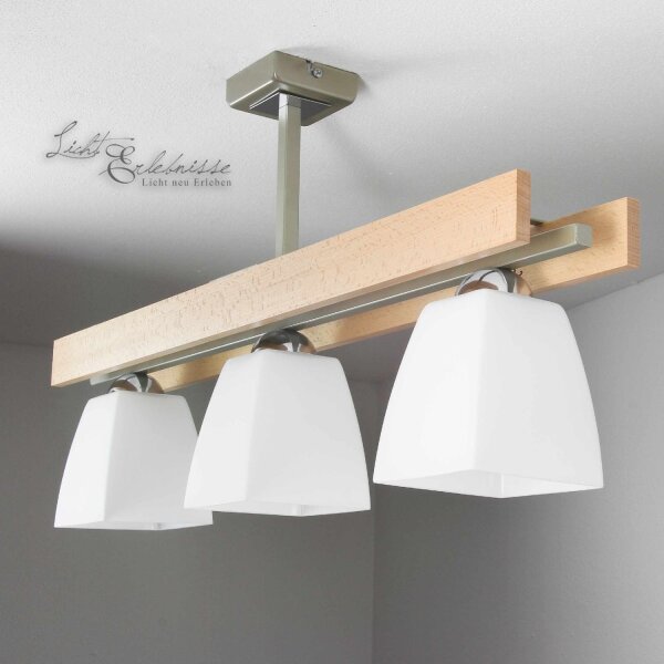 Deckenleuchte E27 Glas Metall Holz 3-flammig