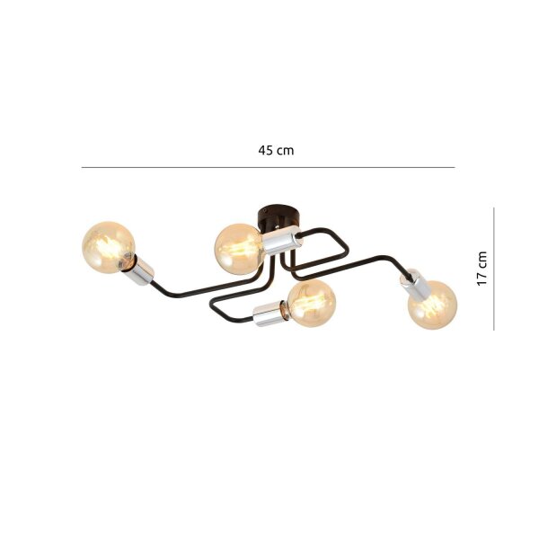Deckenlampe Retro flach 4-flammig für E27 Schwarz Chrom