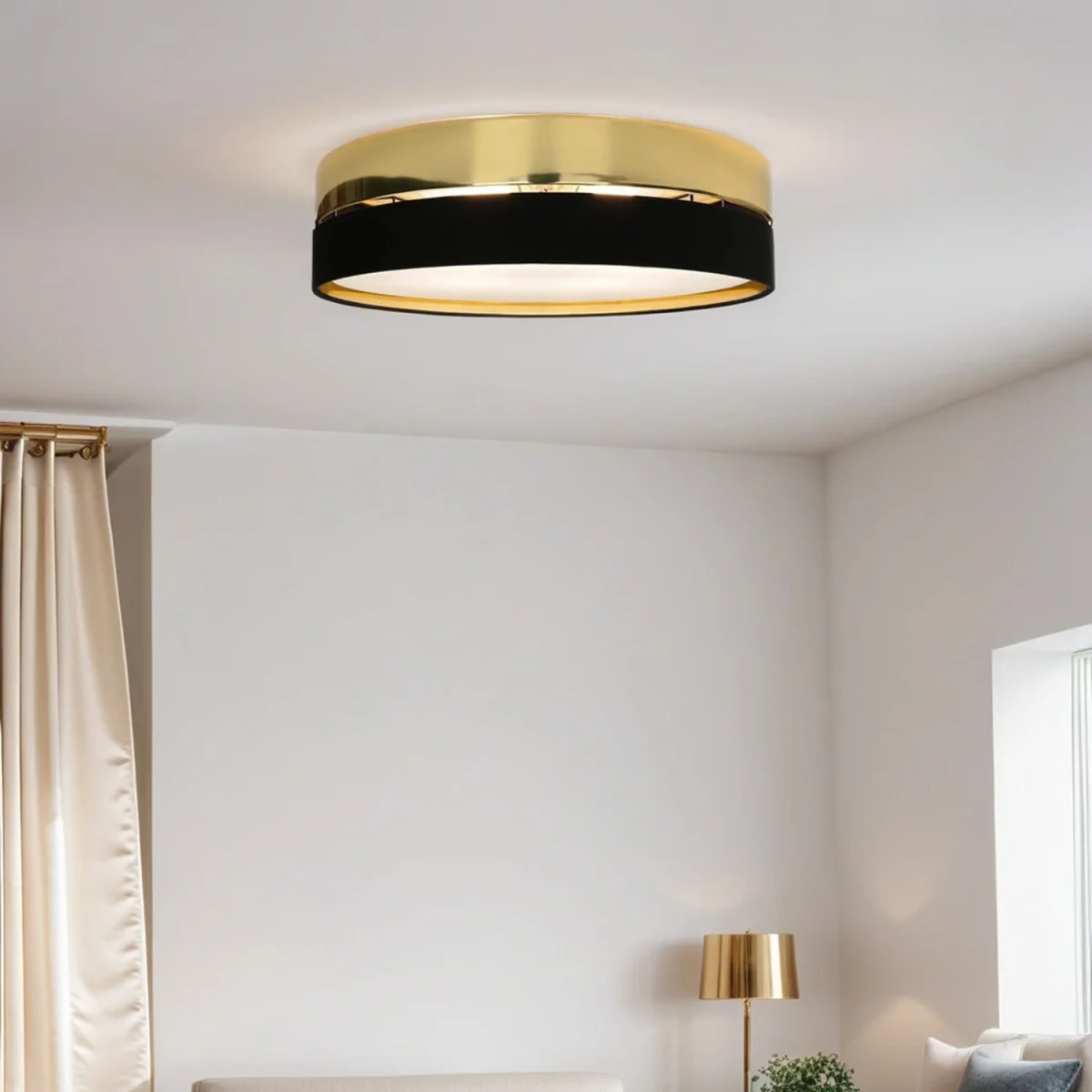 Deckenlampe Metall Stoff rund Ø 60 cm Schwarz Gold Leuchte