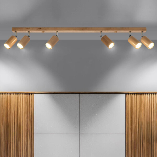 Spot Strahler Holz 120 cm lang 6-flammig schwenkbar