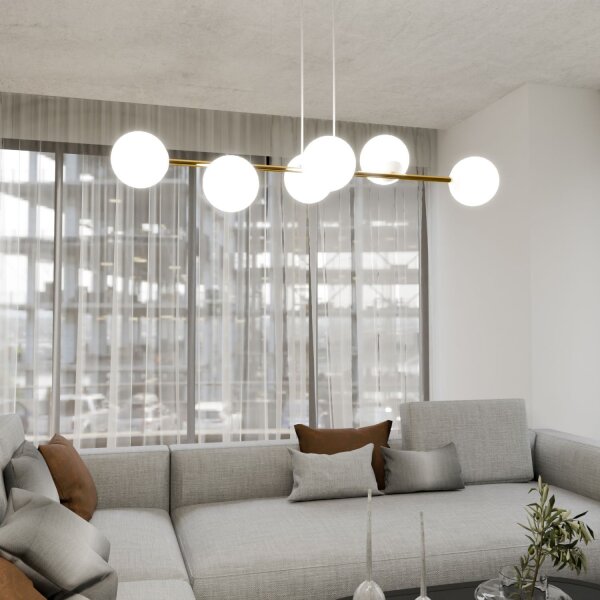 Hängelampe Metall Glas in Weiß Gold 110 cm lang