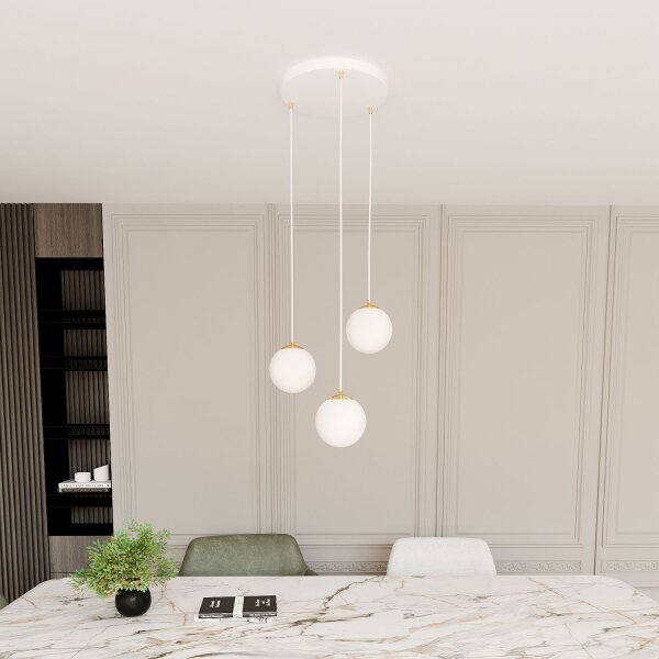 Pendelleuchte 3-flammig Ø 40 cm Weiß Gold Glas
