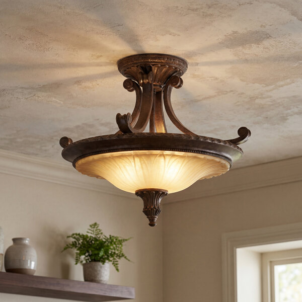 Deckenleuchte Rustikal Glas Metall Bronze E27 Ø48 cm