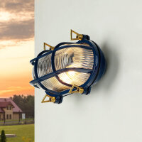 Wandlampe außen IP64 Messing Riffelglas E27 Blau...