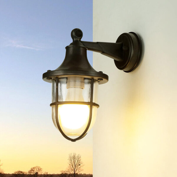 Maritime Außenlampe Schwarz antik IP64 E27 Riffelglas Messing