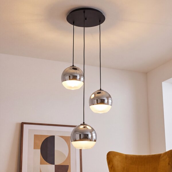 Pendelleuchte 3-flammig Schwarz Chrom E27 Glas Metall