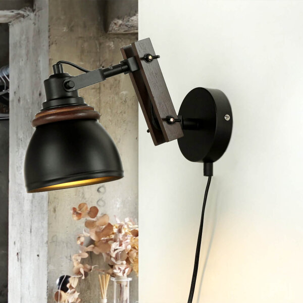 Wandlampe mit Stecker Kabel Holz Metall verstellbar