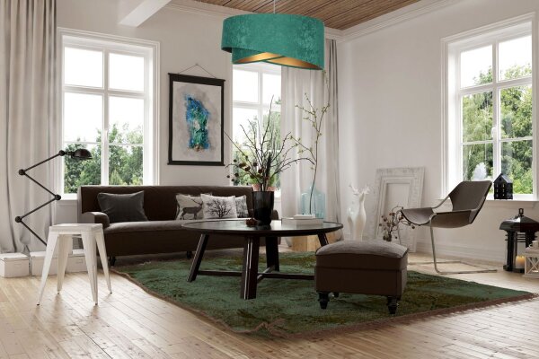 Hängeleuchte Stoff E27 rund D: 50 cm Grün Gold Velours Optik