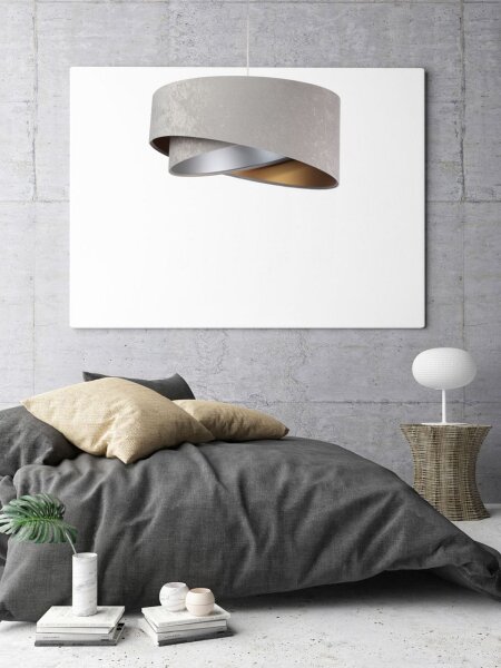 Runde Hängelampe E27 D: 50 cm Grau Gold Silber Stoffschirm