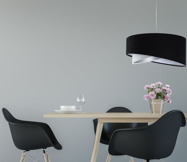 Pendelleuchte E27 rund D: 50 cm Stoff Schwarz Silber Weiß