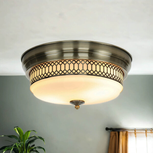 Deckenlampe Badezimmer Ø 35 cm IP44 Messing Antik Weiß 2x E27