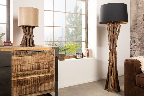 Natürliche Stehlampe Schwarz Gold 151 cm Holz Baumwolle