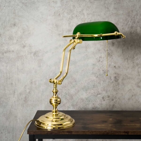 Bankerlampe Zugschalter 38 cm E27 Messing Glas Grün