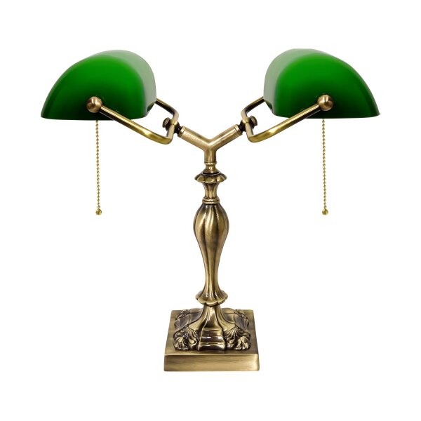 Bankerlampe 42,5 cm 2-flammig E27 Echt-Messing Zugschalter