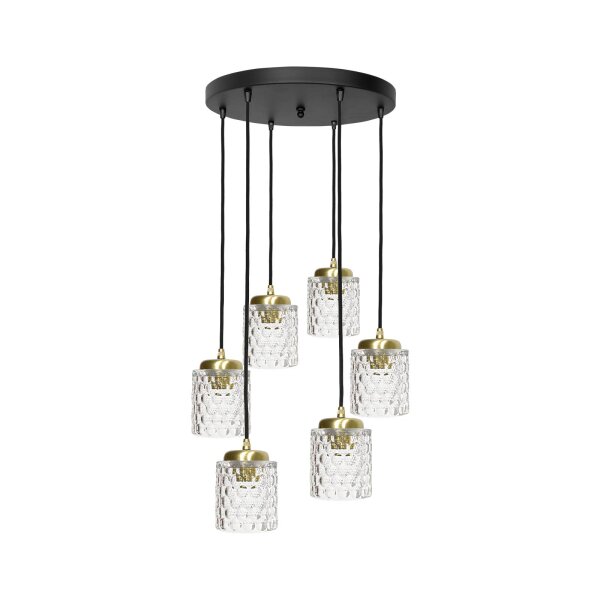 Pendelleuchte Messing Eisen Glas 6x E27 in Schwarz Klar