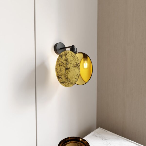 Wandlampe Stoff Metall Ø 20 cm Steinoptik Schwarz Gold E27