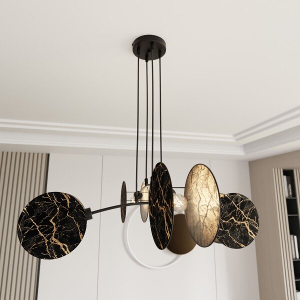 Hängelampe Marmor-Optik Schwarz Gold L: 82 cm Stoff Metall
