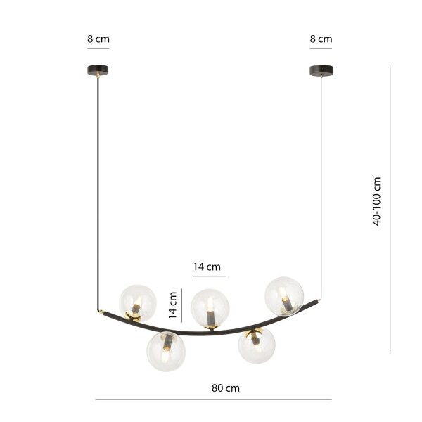 Hängelampe Glas Metall L: 80 cm in Schwarz Gold E14 5-flammig