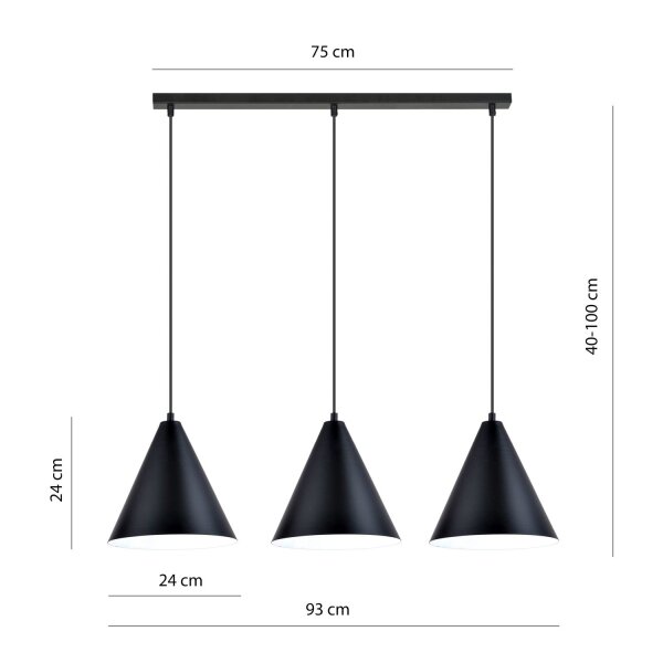 Hängelampe Metall L: 92 cm Schwarz Weiß E27 3-flammig