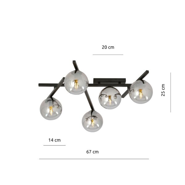 Kugelschirm Metall Rauchglas L: 67 cm Modern E14 5-flammig
